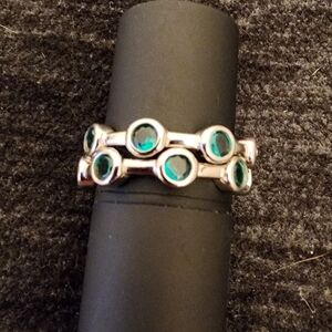2 Bezel Set Full Eternity Rings, Round Green CZs 925 S Silver, New, Size 6.5